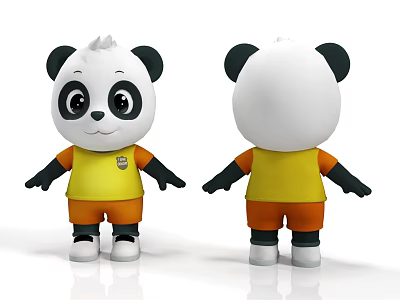 Cute Panda Doll With Yellow Shirt Orange Shorts Front And Back View 3d model