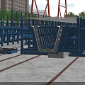 Industrial Steel Bridge Structure Component With Red Supports Blue Frame And Rail Tracks