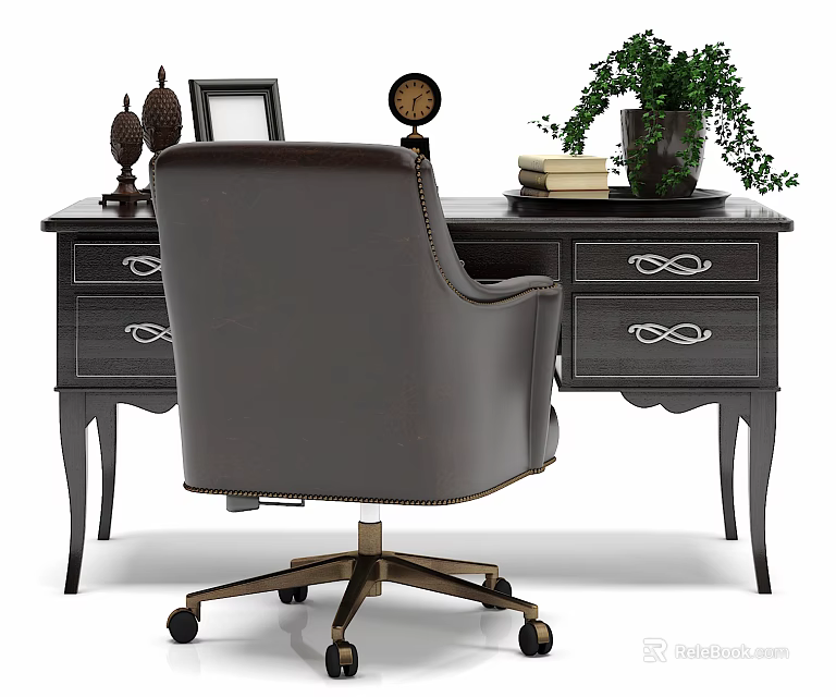 Dark Wooden Desk With Leather Office Chair And Decorative Table Lamp Potted Plant Books 3d model 