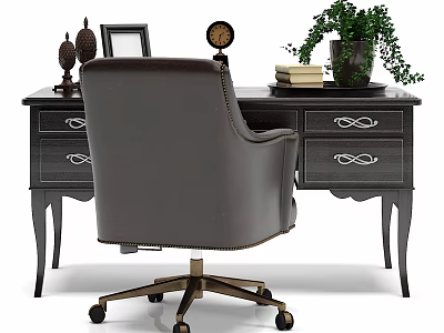 Dark Wooden Desk With Leather Office Chair And Decorative Table Lamp Potted Plant Books 3d model