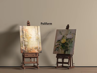 Two Wooden Art Easels Displaying Landscape And Floral Paintings On Light Wall Wooden Floor 3d model