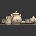 Cream Colored Tea Set With Teapot Teacups Saucers And Purple Floral Patterns