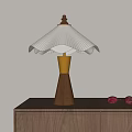Elegant Table Lamp With White Scalloped Lampshade Wooden Conical Base Golden Accent And Red Fruits