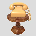 Vintage Yellow Telephone With Coiled Cord On Wooden Stand Retro Design Style
