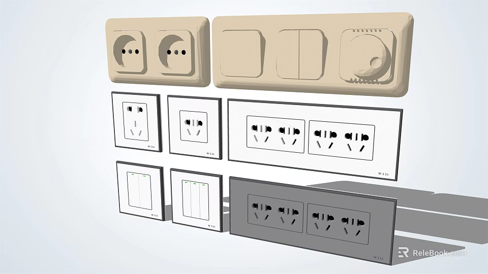Modern Home Electrical Switch Panels with Various Designs and Socket Combinations 3d model 
