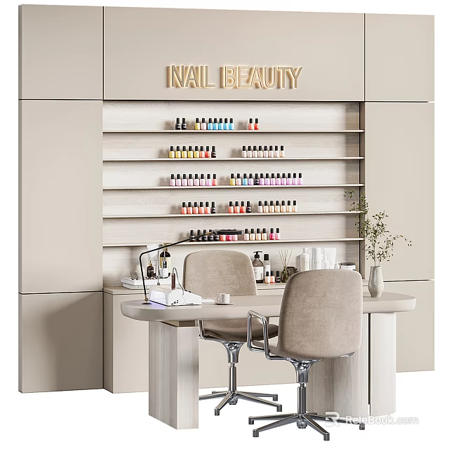 Elegant Nail Beauty Salon Interior With Shelves Of Nail Polishes And Table With Chairs 3d model 