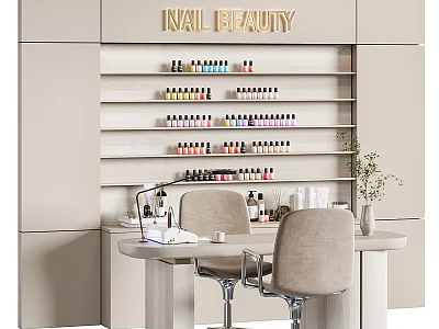 Elegant Nail Beauty Salon Interior With Shelves Of Nail Polishes And Table With Chairs 3d model
