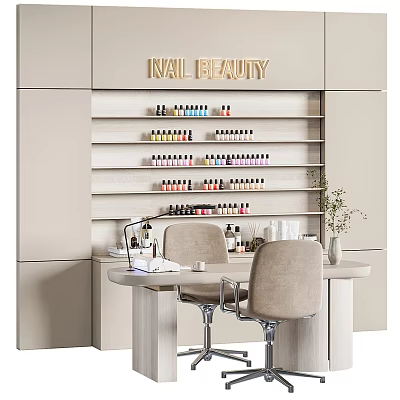 Elegant Nail Beauty Salon Interior With Shelves Of Nail Polishes And Table With Chairs 3d model