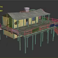 Traditional Stilted House With Yellow Walls Blue Roof And Wooden Deck Staircase