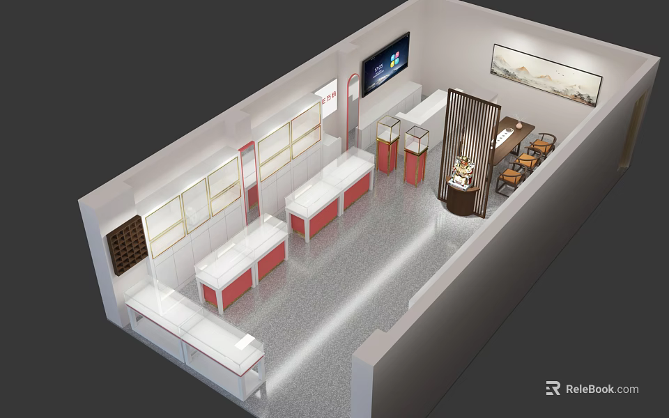 Modern Retail Store Interior With Red White Counters TV Screen And Decorative Art 3d model