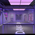 Modern Dance Studio With Checkerboard Wall Purple Lighting Floor Letters And White Statue