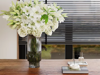 Vase with White Lilies and Roses on Wooden Table with Window Blinds Indoor Decor 3d model