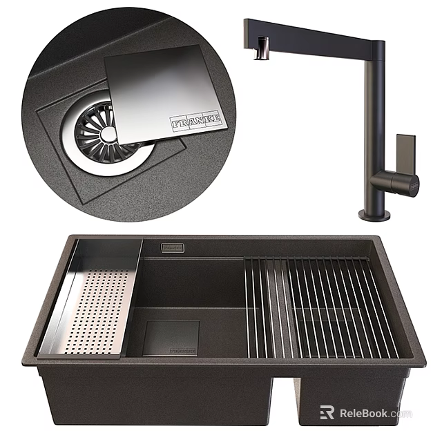 Modern Black Quartz Kitchen Sink with Drainer Strainer and Faucet 3d model 
