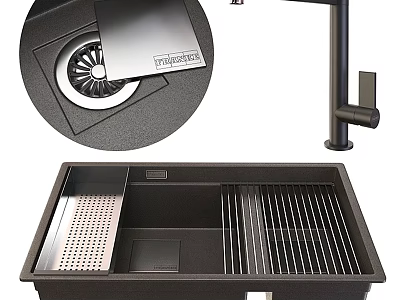Modern Black Quartz Kitchen Sink with Drainer Strainer and Faucet 3d model