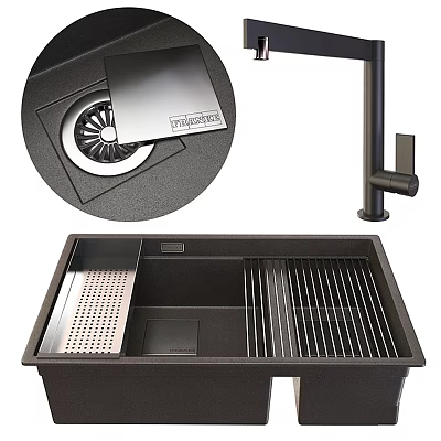 Modern Black Quartz Kitchen Sink with Drainer Strainer and Faucet 3d model