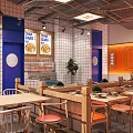 Modern Restaurant Interior With Wooden Tables Chairs Blue Walls Orange Decor And Green Plants