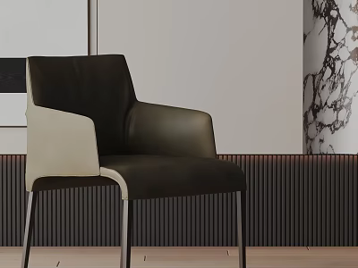 Modern Two Tone Leather Dining Chair With Metal Legs And Marble Wall Accent 3d model