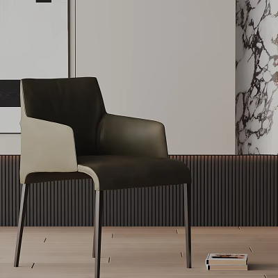 Modern Two Tone Leather Dining Chair With Metal Legs And Marble Wall Accent 3d model