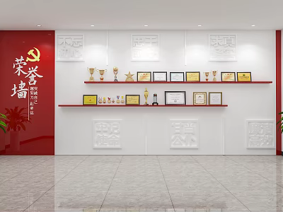 Red and White Honor Wall with Trophies Medals Certificates and Inspirational Phrases 3d model