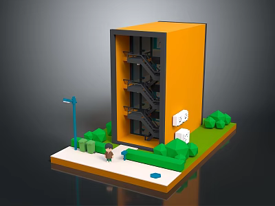 Miniature Scene With Orange Multi Story Building Staircase Green Trees Street Lamp And Small Figure 3d model