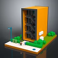 Miniature Scene With Orange Multi Story Building Staircase Green Trees Street Lamp And Small Figure