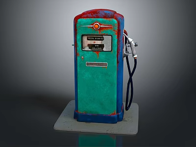 Rusted Vintage Gas Pump With Green Red Finish And Fuel Nozzle On Base 3d model