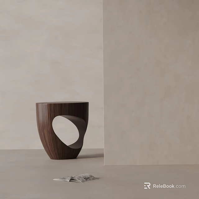 Minimalist Modern Wooden Side Table With Unique Circular Cutout Against Light Colored Wall 3d model 