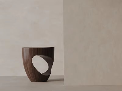 Minimalist Modern Wooden Side Table With Unique Circular Cutout Against Light Colored Wall 3d model