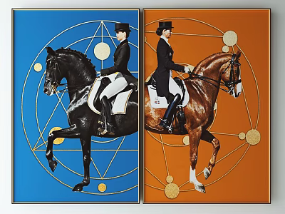 Equestrian Rider on Horse in Blue and Orange Art Prints with Geometric Patterns Golden Dots 3d model