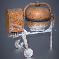 Rusty Old Fashioned Concrete Mixer With Metal Stand And Wheels