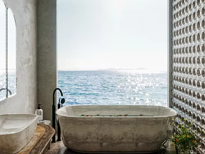 Modern Luxury Bathroom Interior With Freestanding Marble Bathtub And Stunning Unobstructed Panoramic Ocean View 3d model