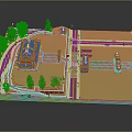 Cartoon Scene With Orange Buildings Green Grass Trees Paths And Street Lamps