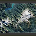 3D Topographic Mountain Landscape With Snow Capped Peaks Green Vegetation And Blue Water Bodies