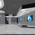 Modern High Tech Exhibition Hall Featuring Curved Design Blue Lighting Display Stands And Interactive Screens