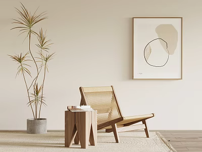 Rattan Leisure Chair with Wooden Side Table Potted Plant Abstract Art in Modern Living Space 3d model