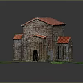 Ancient Stone Building Model With Red Tiled Roof And Arched Windows On Green Grass Base