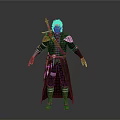 Silver Haired Man With Red Facial Markings Wearing Dark Long Coat Leather Belt And Weapons