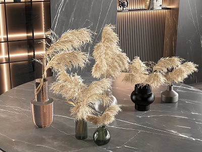 Stylish Various Colored Vases With Pampas Grass On Modern Marble Table Decor 3d model