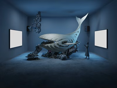 Whale Sculpture Art Installation in Blue Room with Blank Frames and Debris Near Standing Figure 3d model