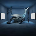 Whale Sculpture Art Installation in Blue Room with Blank Frames and Debris Near Standing Figure