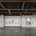 Exhibition Hall With Hanging Calligraphy Paintings White Walls Wooden Ceiling And Lighting Fixtures
