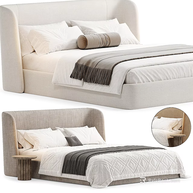 Modern Beige Upholstered Double Bed with Linen Bedding Decorative Pillows and Throw Blanket 3d model 