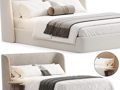 Modern Beige Upholstered Double Bed with Linen Bedding Decorative Pillows and Throw Blanket 3d model
