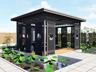Chinese Style Garden Pavilion With Carved Black Frame And Lotus Pond Surroundings 3d model