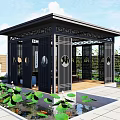 Chinese Style Garden Pavilion With Carved Black Frame And Lotus Pond Surroundings