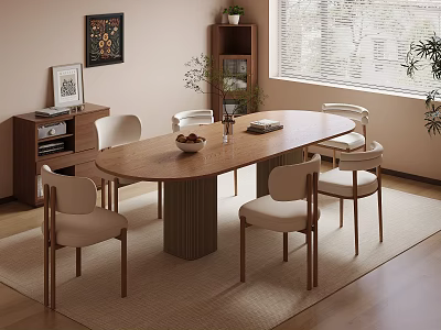 Cozy Dining Room Interior With Oval Wooden Table Beige Chairs Bookshelf Wall Art And Potted Plant 3d model
