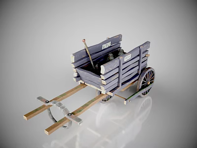 Vintage Wooden Cart With Slatted Sides Wooden Handle And Spoked Wheels 3d model