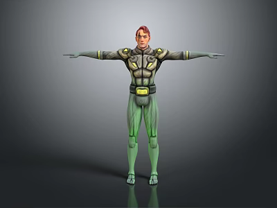 Red Haired Character in Green and Gray Suit With Yellow Accents Arms Outstretched Standing Pose 3d model