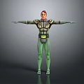Red Haired Character in Green and Gray Suit With Yellow Accents Arms Outstretched Standing Pose