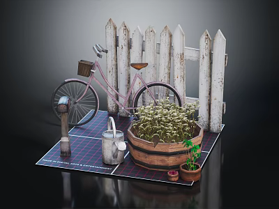 Miniature Garden Display Featuring White Picket Fence Pink Bicycle Wooden Barrel Plants And Watering Can 3d model
